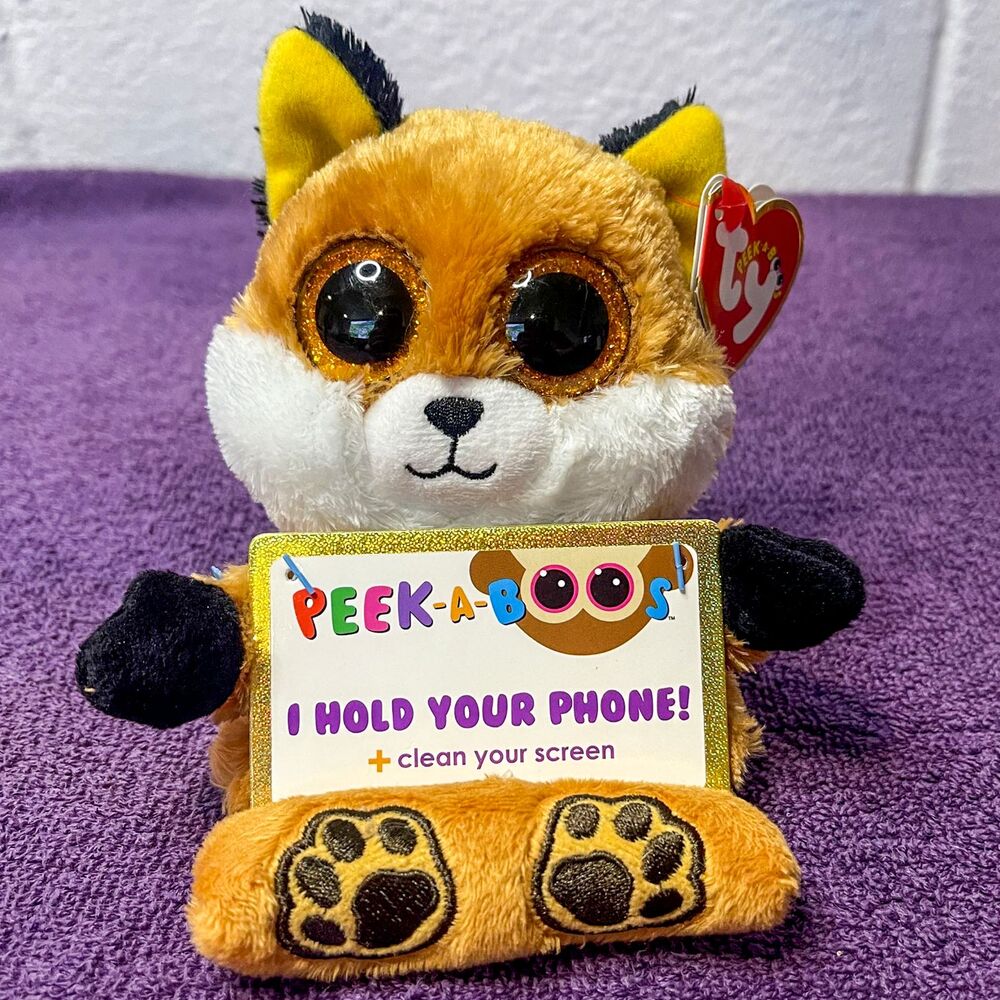 Ty Peek-A-Boos Sly Fox Plush Phone Holder 2016 Brown White Glitter Eyes WT ESSA
